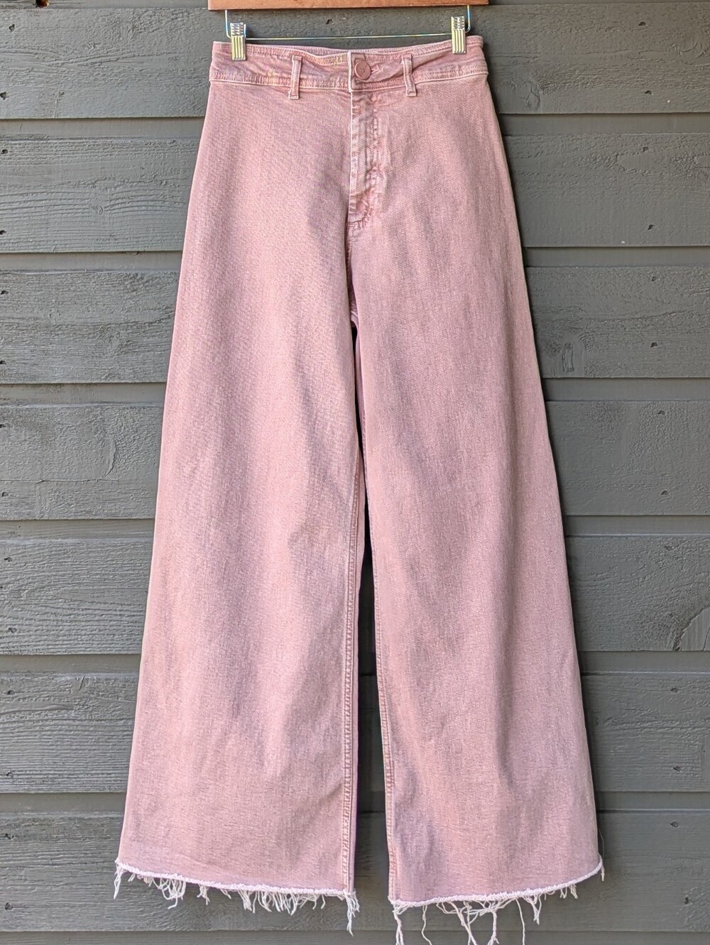Zara High Rise Rosy Pink Mauve Stretch Denim Wide-Leg Jeans Size 8 Raw Hem